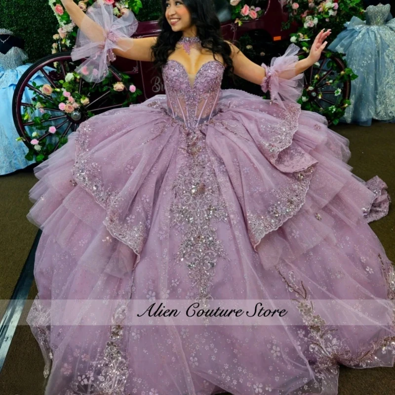 

Lilac Shiny Ball Gown Quinceanera Dresses Applique Lace Beading Crystal Bow Tull Corset Off The Shoulder Sweet 16 Dress vestidos