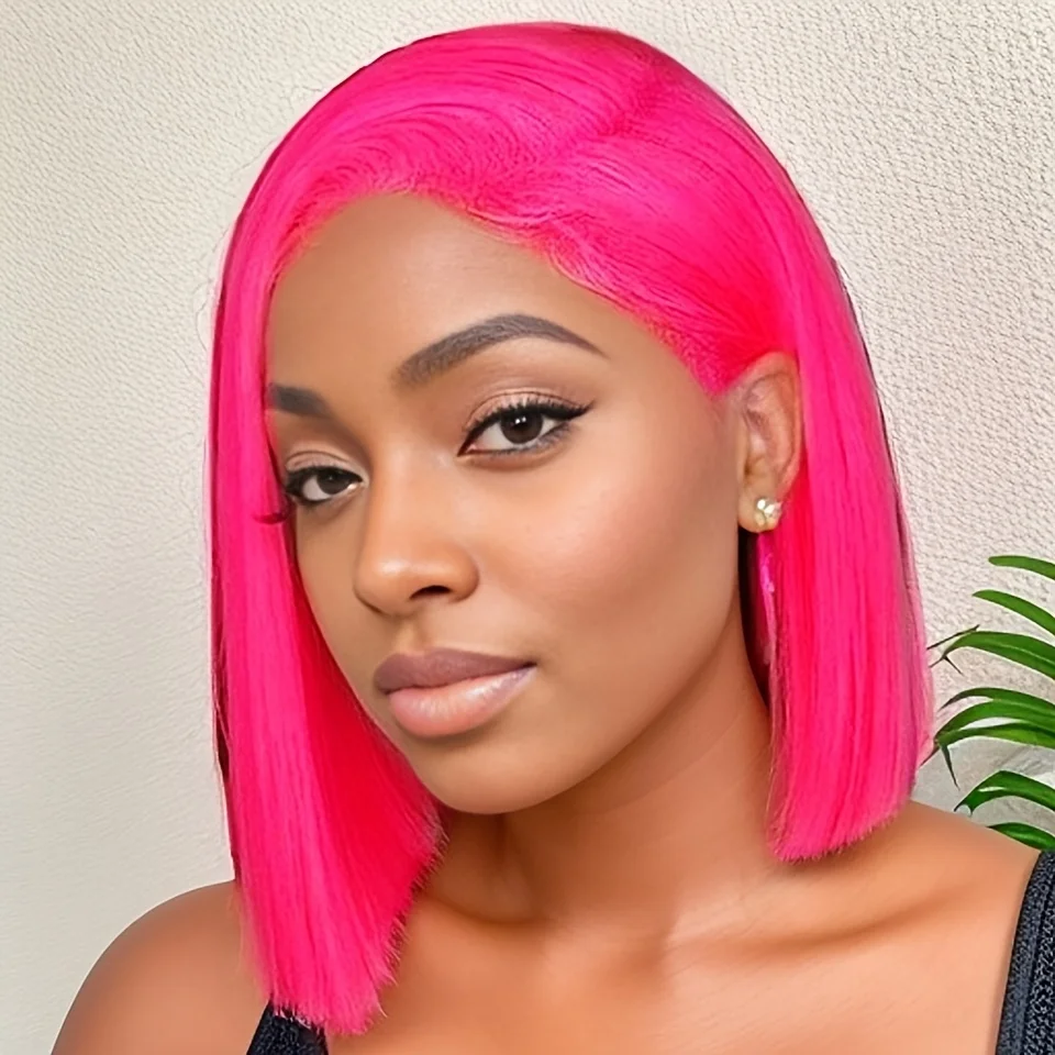 

Dark Pink Lace Front Wigs human hair 13x4 Transparent Lace Front Human Hair Wigs Straight Bob Wigs 150%