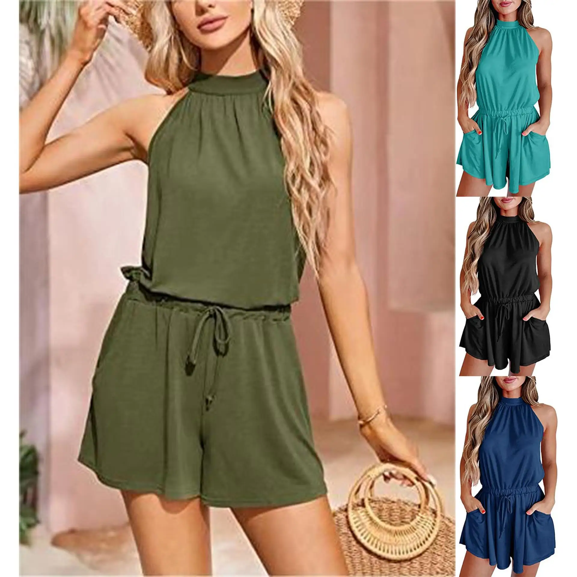 

Женские летние брюки из полиэфирного волокна со шнуровкой на талии, цельный костюм, модная повседневная одежда