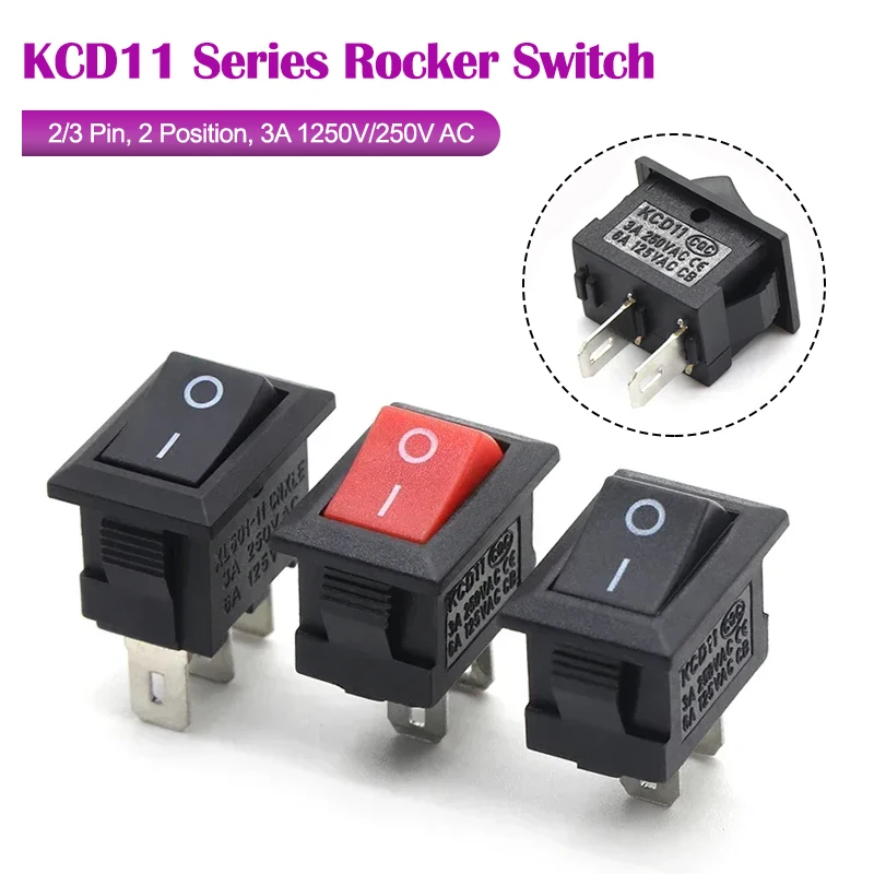 2/5/10Pcs KCD11 Series Boat Car Rocker Switch 2/3 Pin 2 Position Power Switches 3A 1250V/250V AC 15mm X 10mm Black/Red Switches
