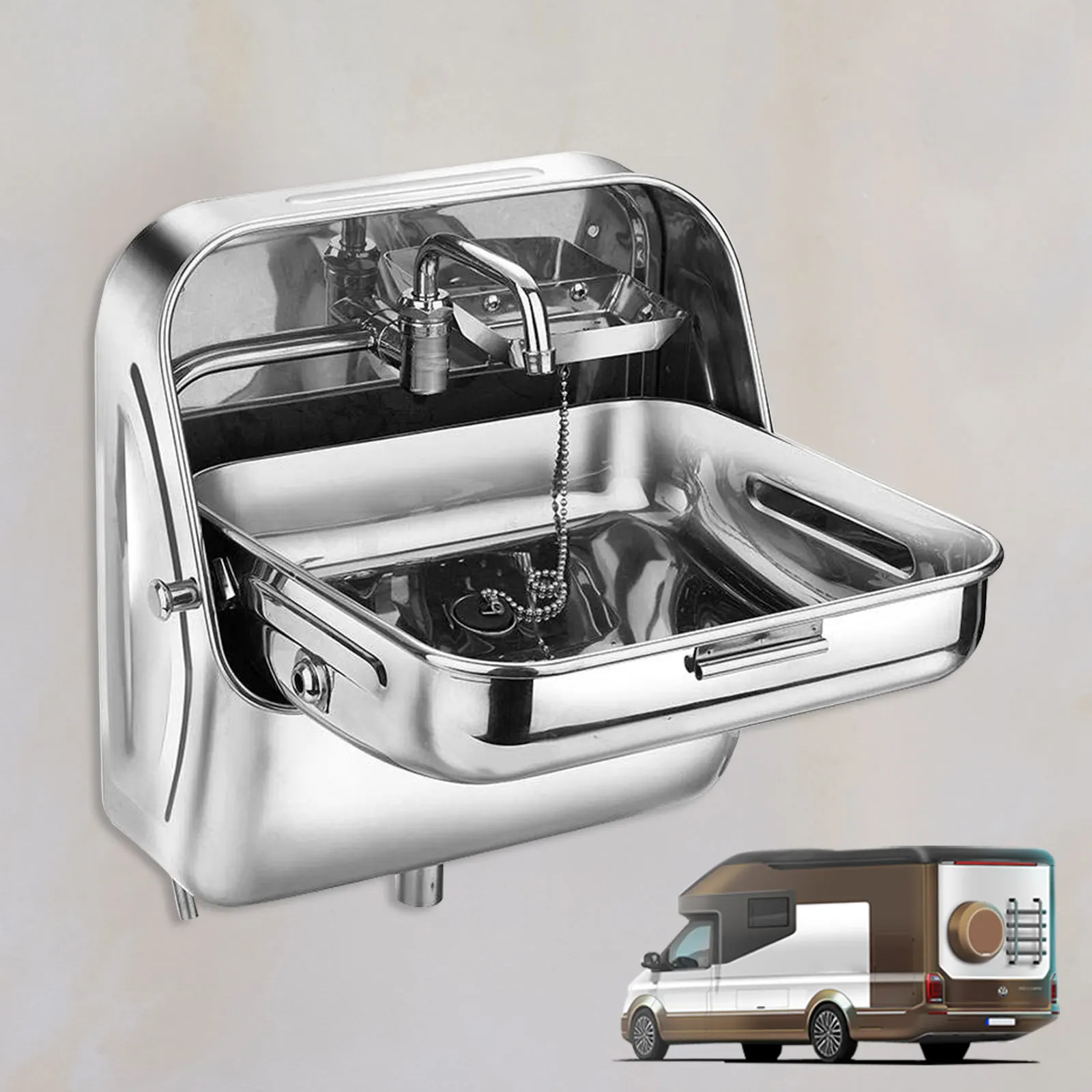 RV Caravan Wall Mounted Sink and Drainer Out 304 Stainless Steel Rectangular Folding Sink with a Cold Water Tap