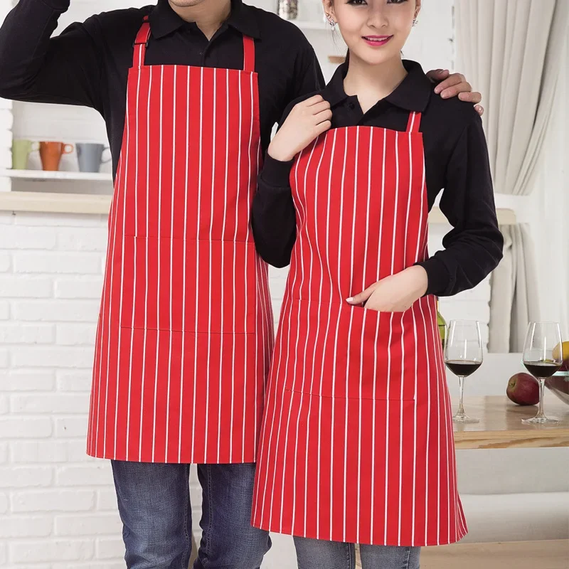 Adjustable Half-length Adult Apron Striped Hotel Restaurant Chef Waiter Apron Kitchen Cook Apron with 2 Pockets