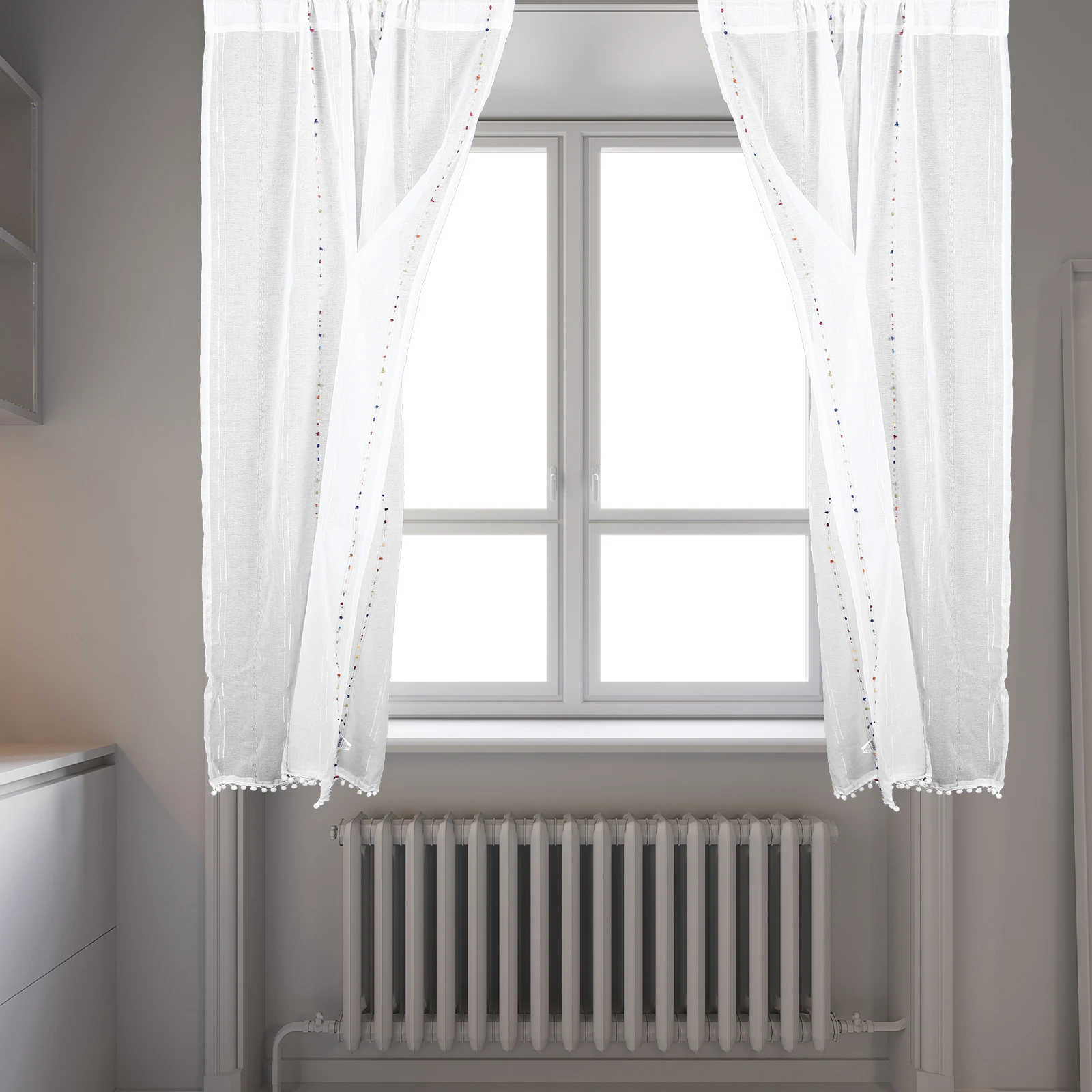 

Short Curtain for Kitchen Bedroom Window Decor - Colorful Pompom Polyester Drape, Easy Install, Energy Saving,