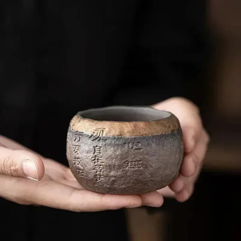 Rough Pottery Handmade Relief Heart Sutra Zen Cup Ceramic Master Individual Single Cup Chinese Portable Tea Cup 1pcs