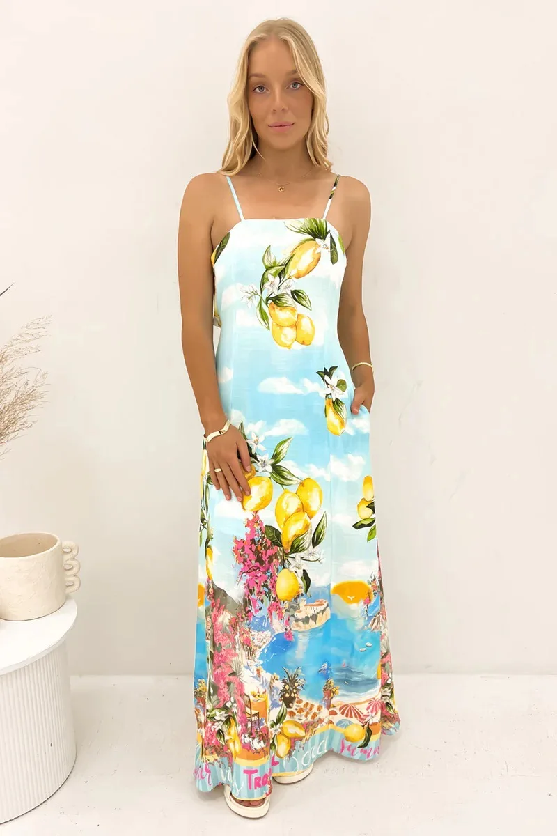 Damen-Maxikleid mit Zitronenmuster, Boho-Stil, rückenfrei, mit Schleife, Strandurlaub, A-Linie, langes Kleid, Sommer, lässig, Urlaub, Party, Sommerkleid – Detail 10