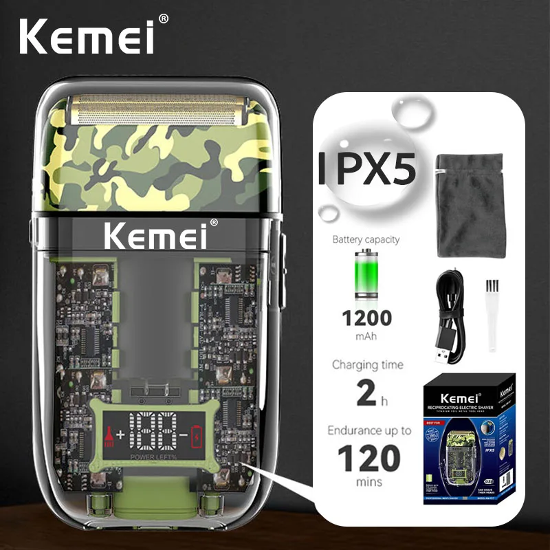 

Kemei KM-TX7 Waterproof IPX5 LCD Digital Display Razor USB Charging Camouflage Transparent Body Washable Electric Shaver For Man