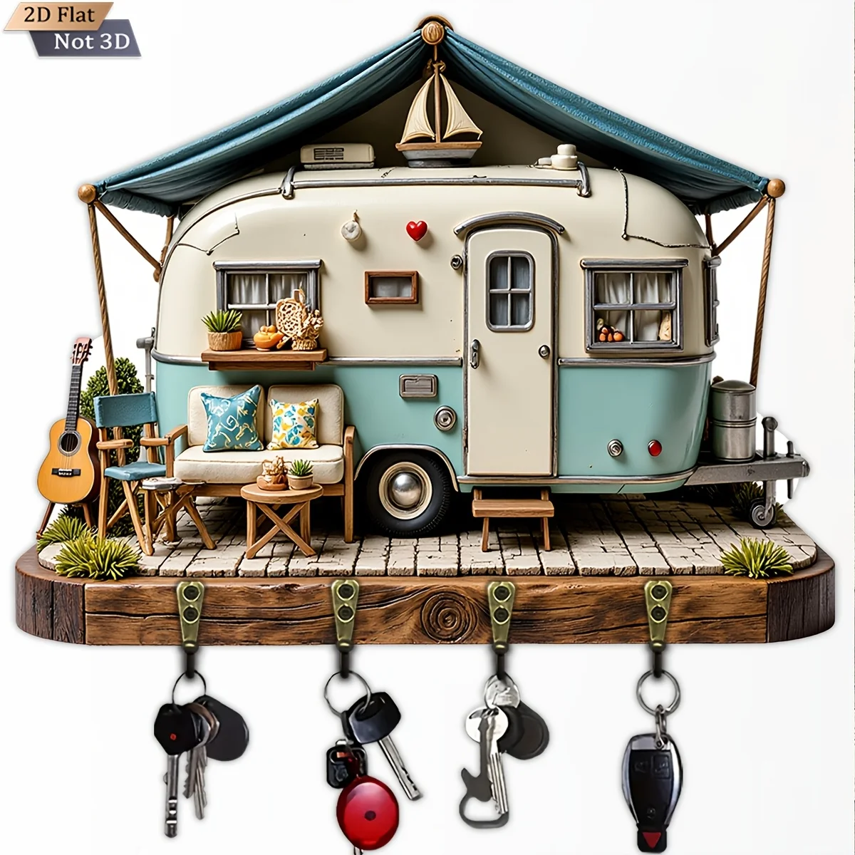 2D Flat, 1pc, Vintage RV - Shaped Wooden Multifunctional Home Key Hook Rack, with Four Metal Hooks, Wall Decor, Porch Decor,