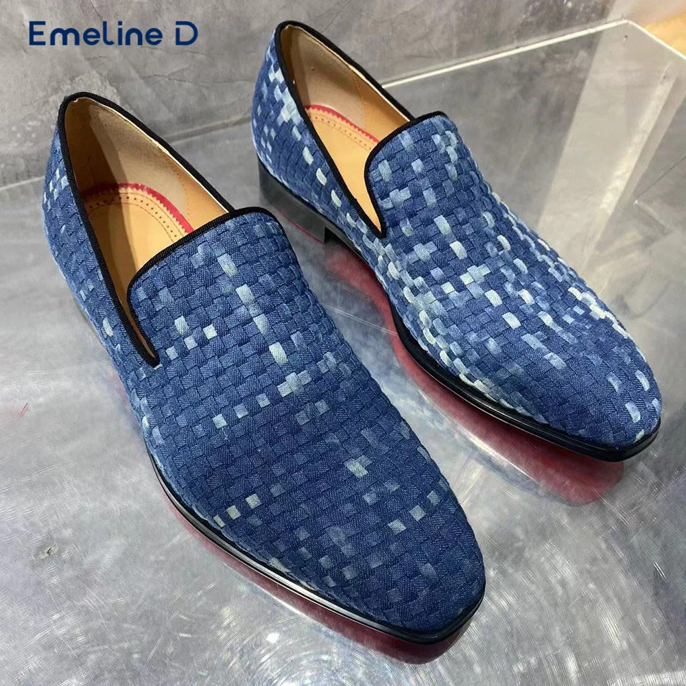 Blue Woven Plaid Loafers Thick Heel Slip-On Casual Dress Shoes Large Size Fashionable Personality Business Men's Shoes