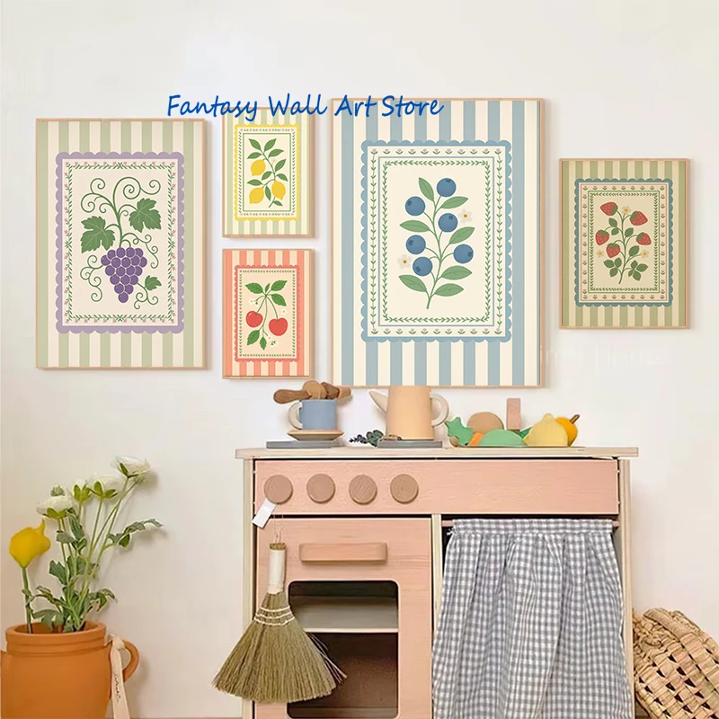 Fruits Vintage Folk Art Strawberry Cherry Lemon Blueberry Orange Folk Prints Poster Canvas Painting Wall Pictures Kitchen Decor