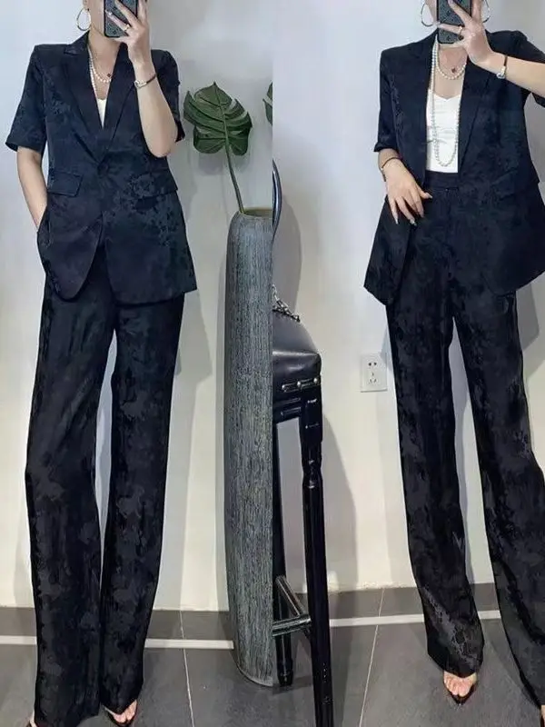 

Elegant Lightweight Chinese Trend Suit Jacket Wide Leg Pants Set Fashionable Outerwear Short Sleeve High Waist Autumn Spring ...