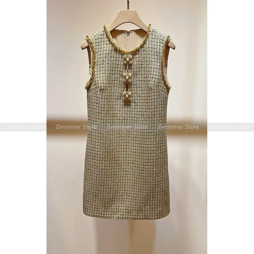 

Luxury Celebrity Round Neck Rhinestone Sleeveless Sequined Tweed Loose Waist Dress Skirt