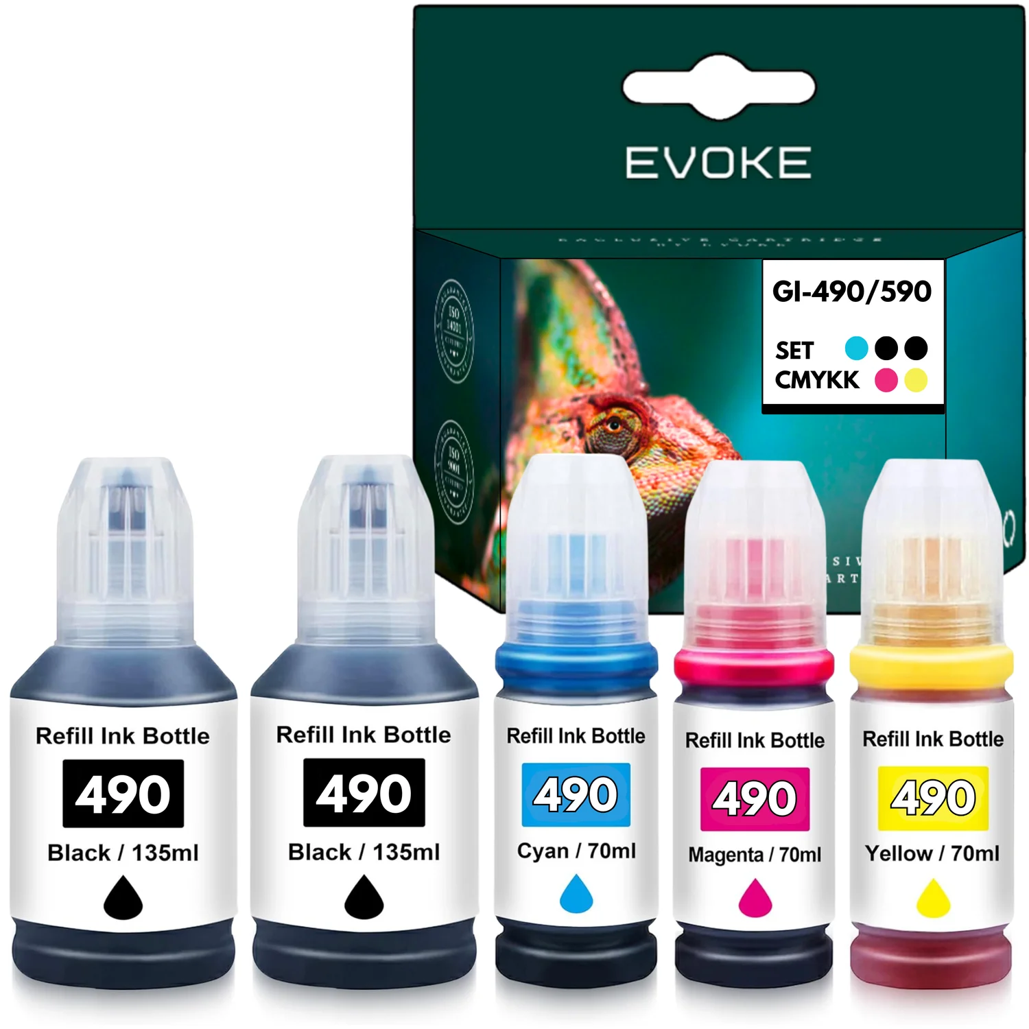 Evoke Compatibele Inkt voor Canon Gi-490 Gi490 Set 5 Flessen: 2X Pgbk Zwart Pigment+Cyan+Magenta+Geel 480 ml 33000 Pagina's Pixma G1400 G1411 G1500 G1501 G1510 G1515 G2200 G2400 G2411 G2500 G2501