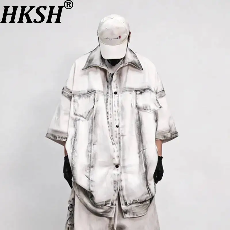 

HKSH Spring Summer New Men's Tide Chic Ins Punk Hip-hop Retro Loose White Short-Sleeve Shirt Trendy Vintage Denim Shirts HK25424