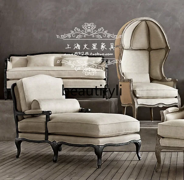 

A16 Retro linen solid wood chaise longue American country single sofa recliner simple sofa