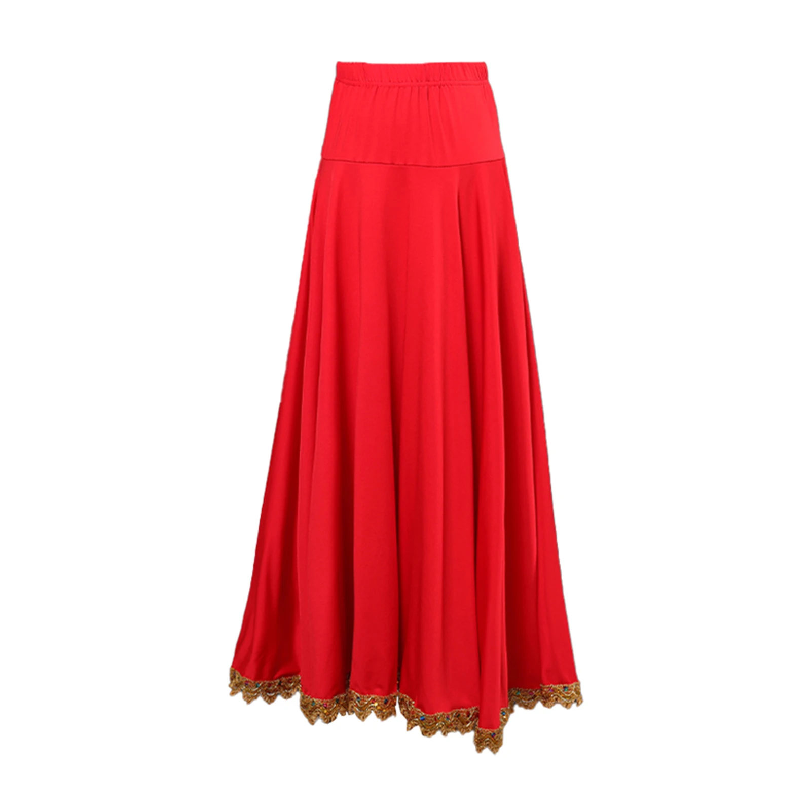 Jupe de danse de salon pour femmes, jupe de danse de valse Flamenco, garniture dorée, grande balançoire, jupe longue espagnole pour Costumes de danse ethnique carrée