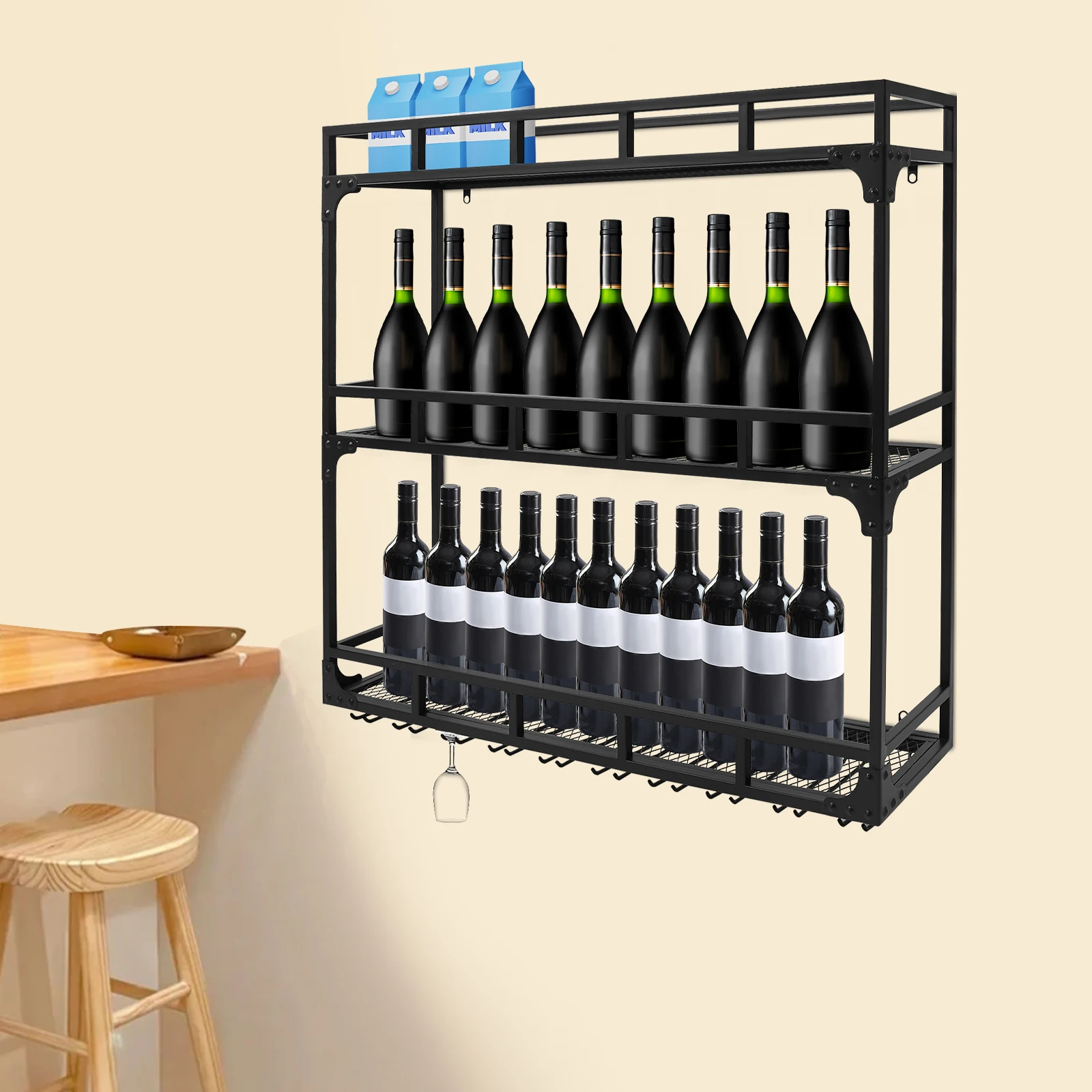 Wall Mounted Wine Rack 3 Tiers Wall Mounted Bottle Glass Holder 100kg Load Capacity Decorative Wine Rack for Home/Bars/Wine Cellars/Cafes/Hotels/Restaurants
