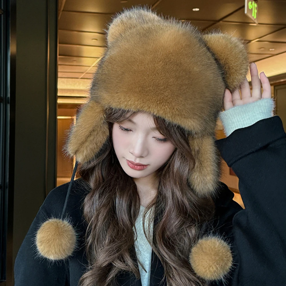 

HT4522 Fur Hat Women Winter Hat Cute Thick Warm Animal Shaped Bomber Hat Ladies Snow Ski Earflap Cap Female Russian Hat Ushanka