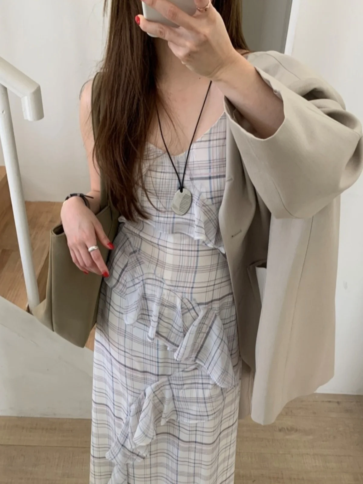 Vestido f e xadrez estilo coreano, camada base emaecedora, vestido longo com mangas de sino, decote em v, cin...