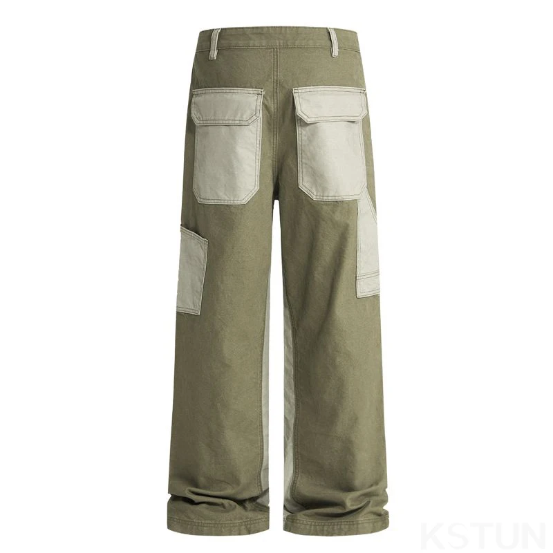 KSTUN 100 % Baumwollhose für Herren, grün, lockere, gerade Hose mit weitem Bein, lässige, gepatchte Taschen, Vintage-gewaschene Ganzkörperhose