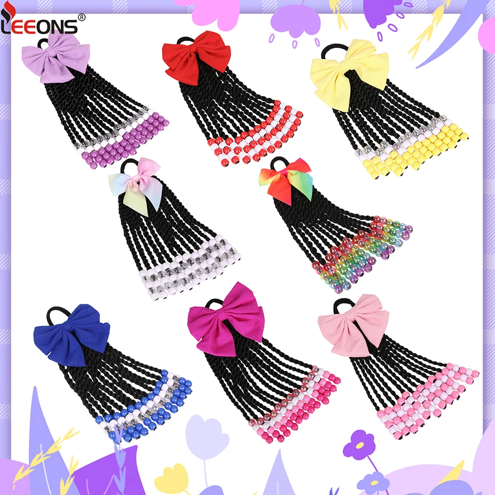 وصلات شعر على شكل ذيل حصان للأطفال مع ضفائر خرز وصلات شعر صناعية للأطفال مع أقواس تصفيفة شعر عصرية للفتيات