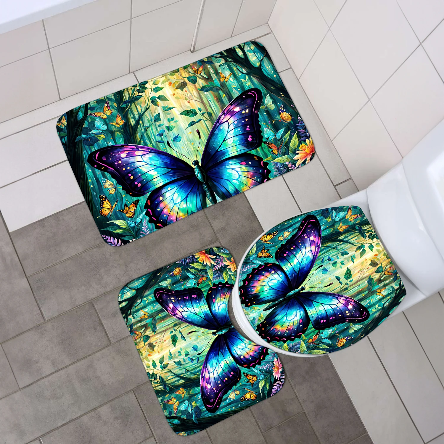 4-piece set of butterfly pattern waterproof shower curtain with 12 hooks, waterproof printed curtain, bathroom floor mat