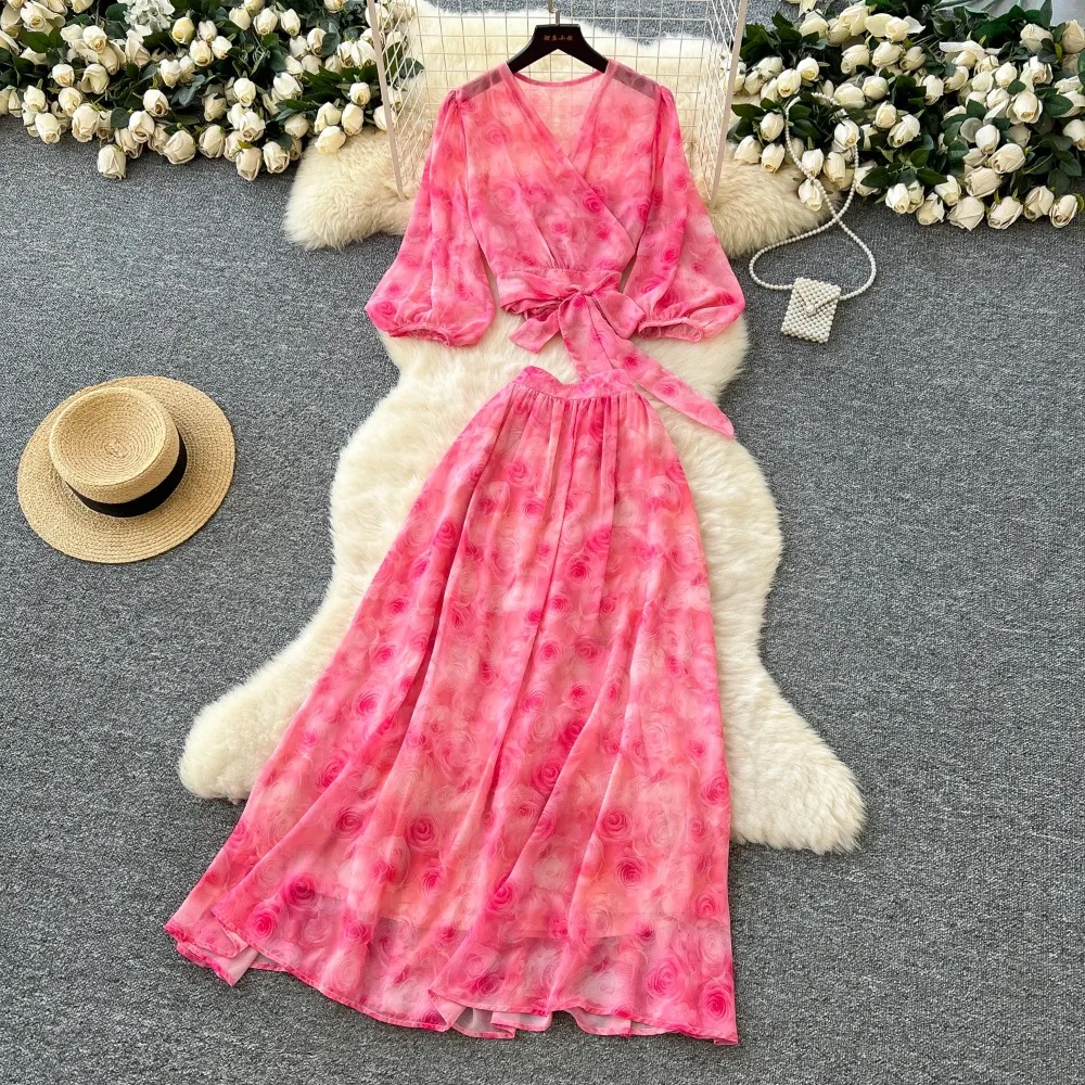 

Elegant lantern sleeve chiffon Beach Vacation Vestidos dress Slim Women Evening Party Summer Clothing Two Piece Set