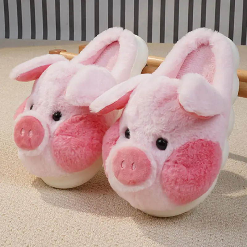 Pink piglet slippers fuzzy home shoes woman kawaii animal furry slides women's puffy piggies slippers house mules plush booties