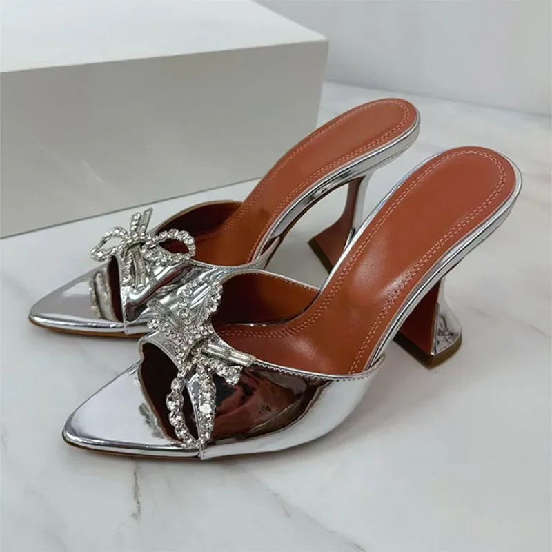 

Sexy High Heels Slippers Women Rhinestone Butterfly-knot Party Shoes Women Summer Slides Strange Style Heels Sandals Woman