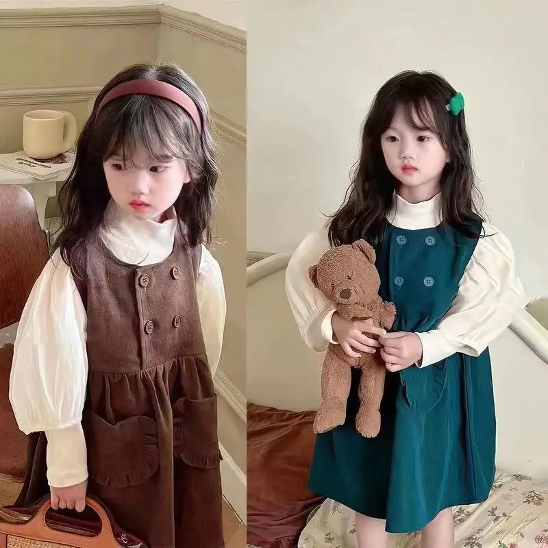 

Girls Set Of Thick Cotton Double-sided Abrasion Mesh Bubble Sleeve Bottom Shirt Plus Twill Vest Dress Autumn and Winter 2025 New