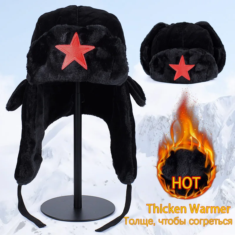 Thicken Warm Winter Hat Men Women Russian Ushanka Earflap Bomber Hats 2024 Embroidery Star Fleece Faxu Fur Snow Cap Earflaps