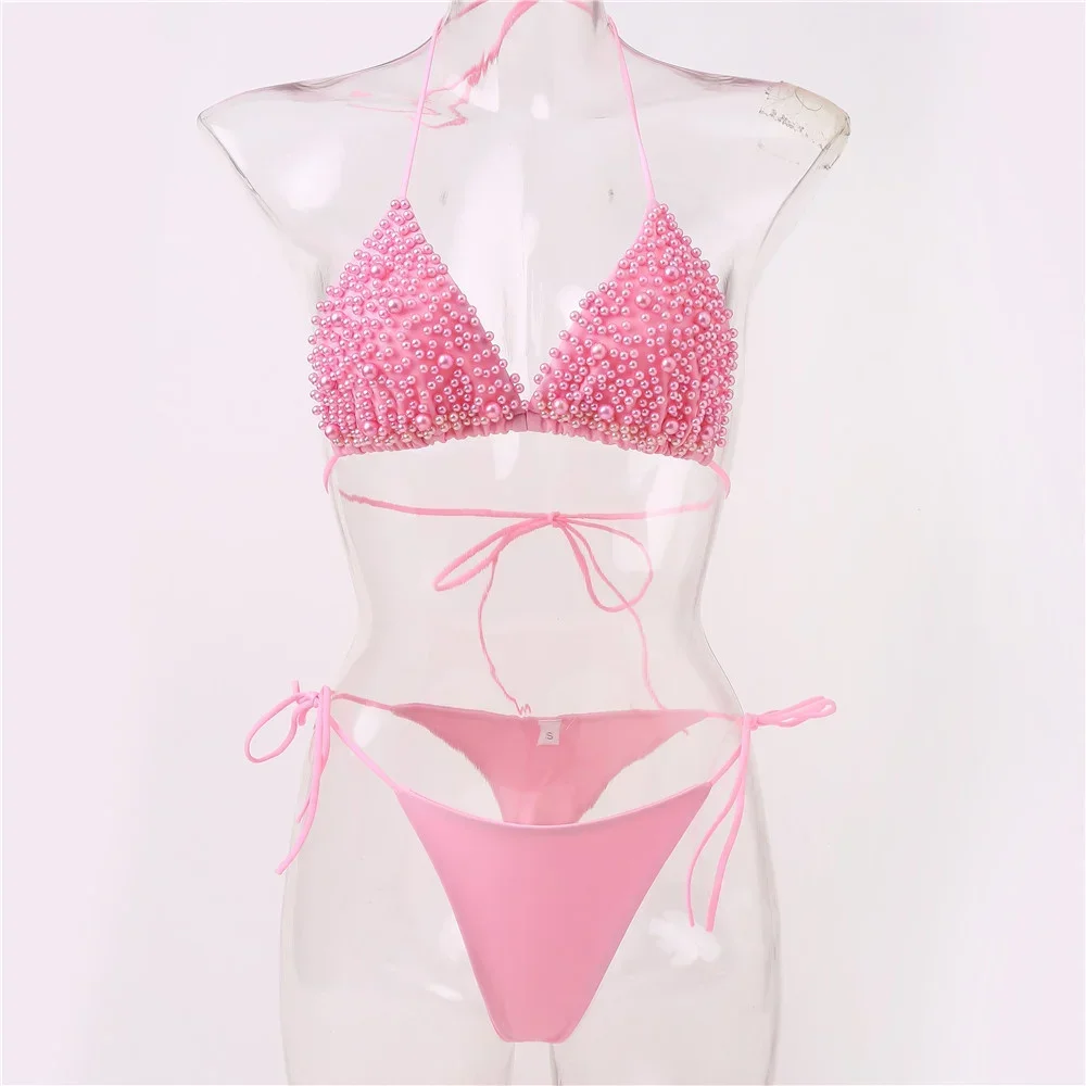 Maillot de bain deux pièces pour femme, bikini avec perles, string, string, tendance, vêtements de plage, ensemble de bikini, tenues de vacances, kawaii, Y2K