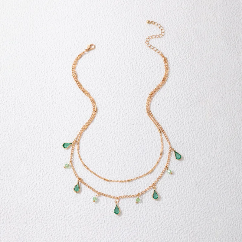 Tocona Bohemian Green Crystal Stone Pendan Double Necklace for Women Gold Color Alloy Metal Water Drop Clavicle Necklace Jewelry