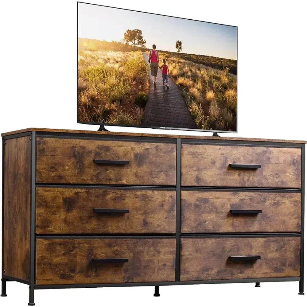 

Wide Dresser with 6 Drawers, TV Stand for 60" TV, Fabric Double Dresser, Large Storage Tower Unit