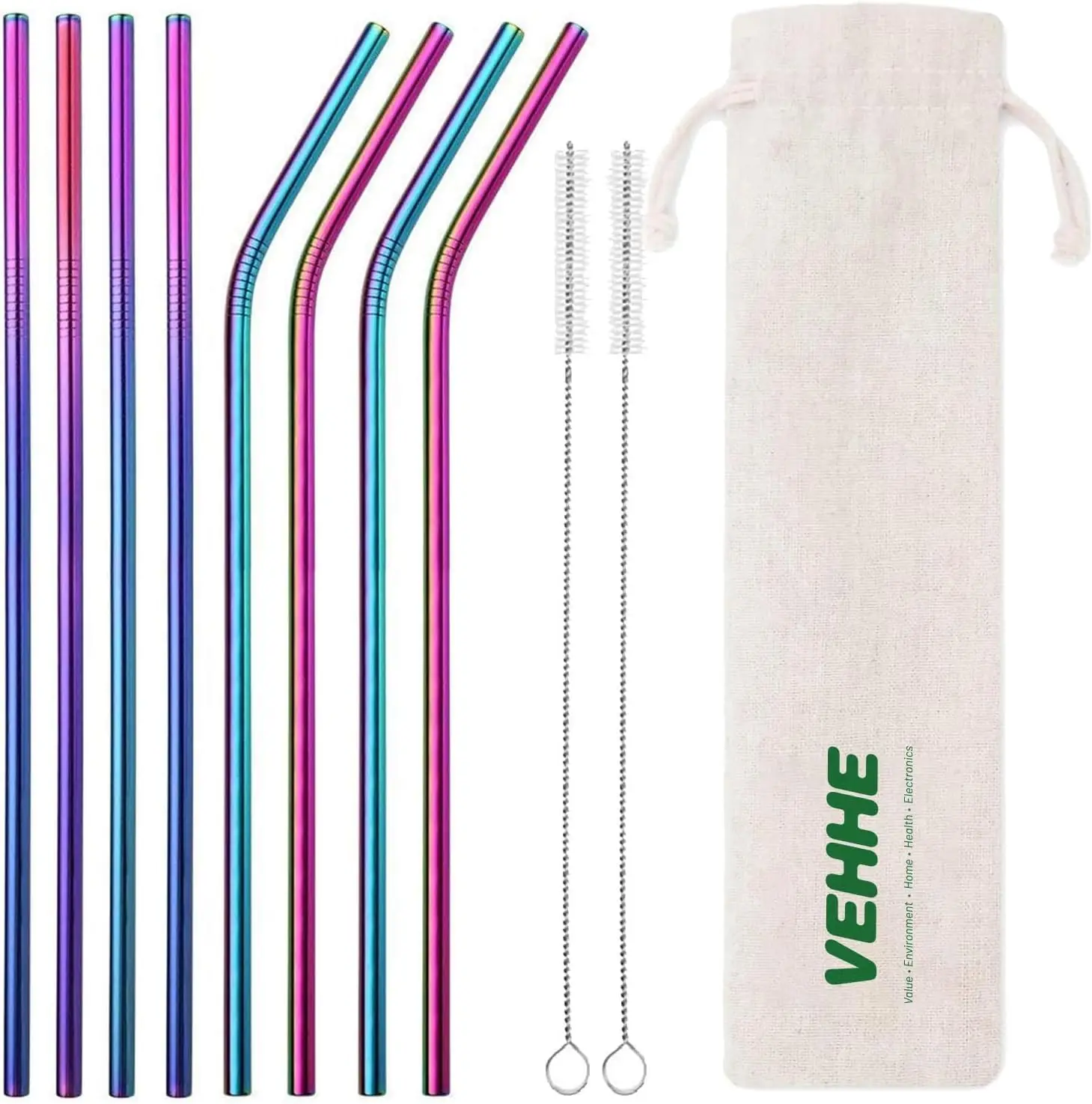 

Reusable Stainless Steel Straws Set - 8 Rainbow Color Metal Straws with Cleaning Brush for Tumblers