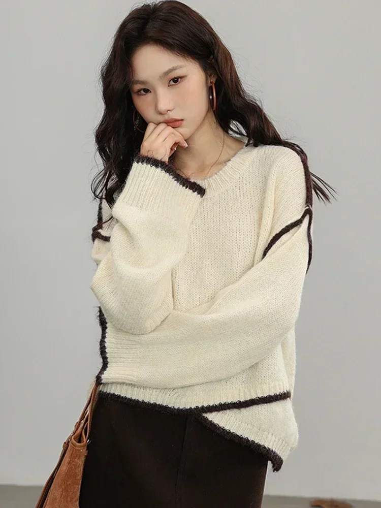 

Серые свитера в стиле ретро Lazy Wind, женские нерегулярные повседневные корейские вязаные пуловеры, уличная одежда, повседневные женские свободные топы с длинными рукавами