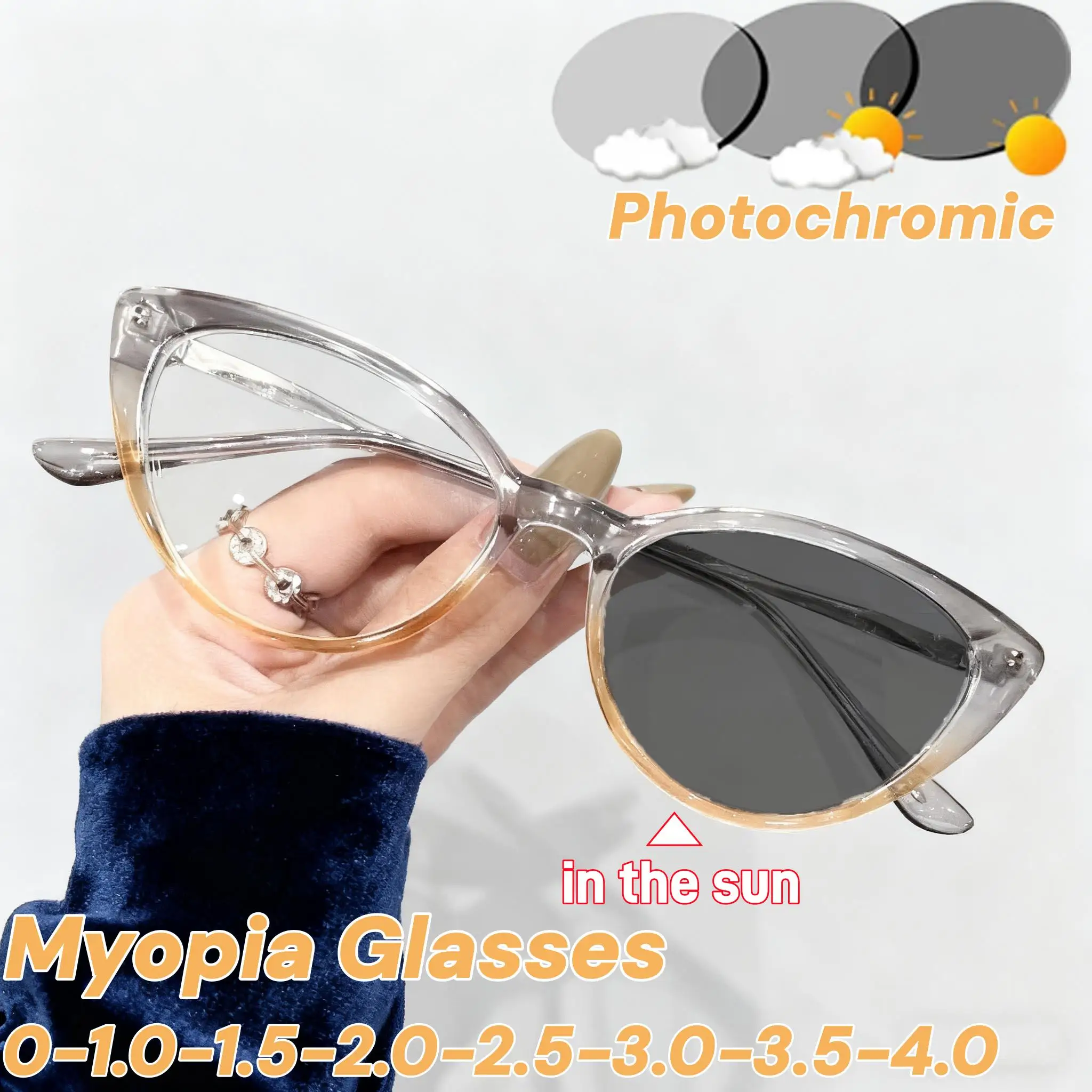 

Anti Blue Light Photochromic Myopia Glasses Women Men Stylish Cat Eye Outdoor Color Changing Near Sight Eyeglasses UV Protection
