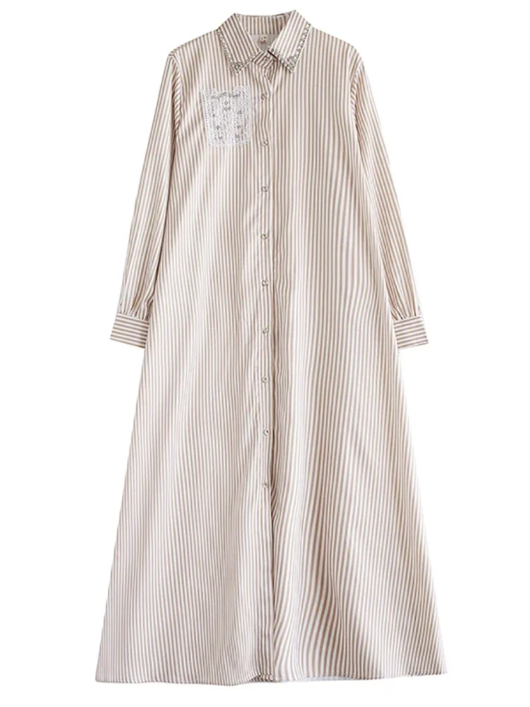 XITAO Turn Down Collar Stripe Women Shirt Dress Casual 2025 Autumn Long Sleeve Elegant Loose A-line Ankle Length Dress LJ1070