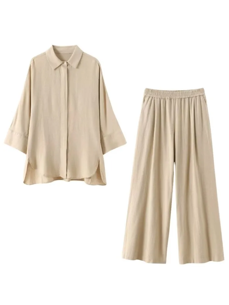 Nowy zestaw damskich spodni z klapami i rozcięciem na dole Casualowa koszula Top + elastyczne kieszenie w pasie Damskie długie spodnie z szerokimi nogawkami 2-częściowy dres