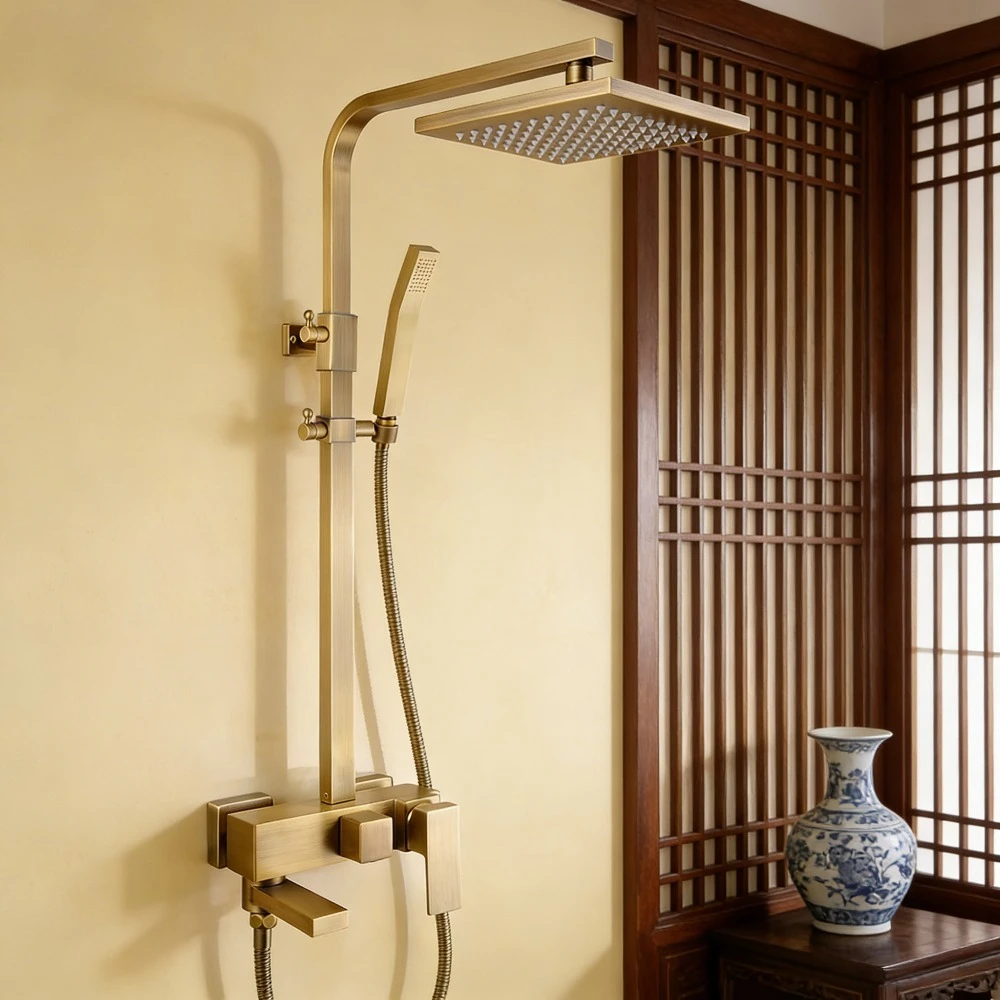 

Square French retro shower set, brass antique brushed shower, shower shower head