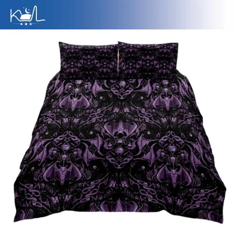 Gothic Bat Print 3 Piece Bedding Set, Dark Aesthetic Duvet Cover with Pillowcase, Creepy Halloween Home Textile for Bedroom Deco