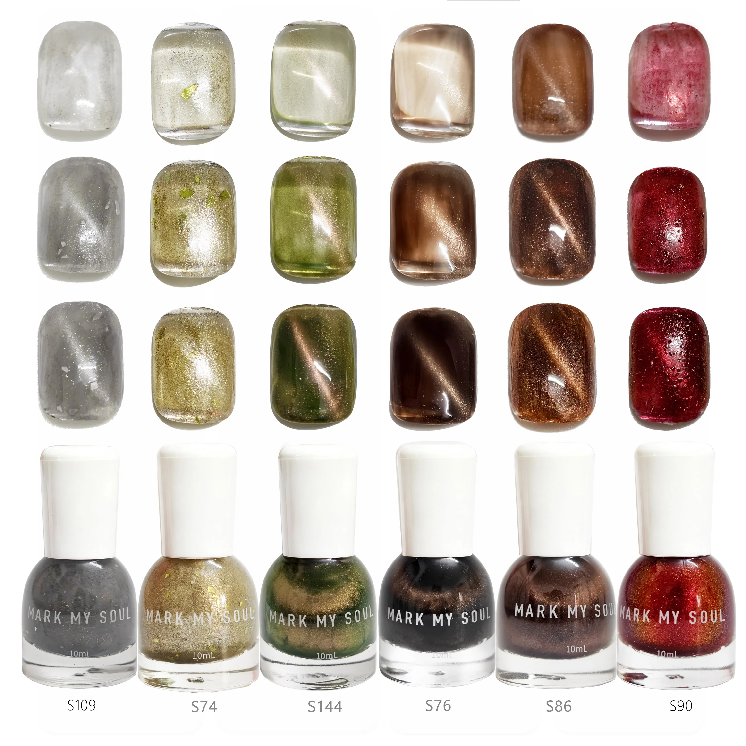 6Pcs Gold  Flake Shimmer Magnetic Cat Eye Nail Polish Kit, MARK MY SOUL No  lamp Nail Polish S109/S74/S144/S76/S86/S90, Quick Dr