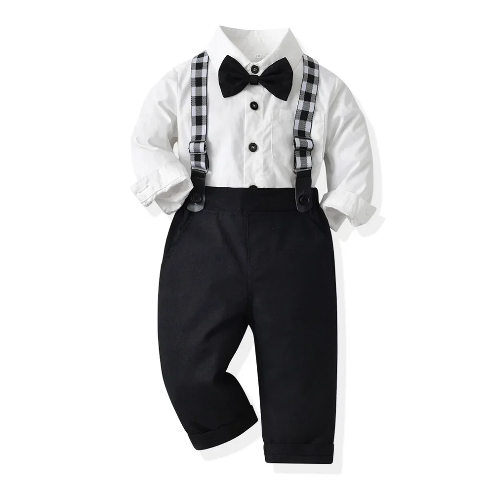 70-130cm Boy\'s Shirt-pant Set Black And White 2024 Autumn New Cotton Long-sleeved Shirt,Strap Pants Boy\'s Autumn Clothing