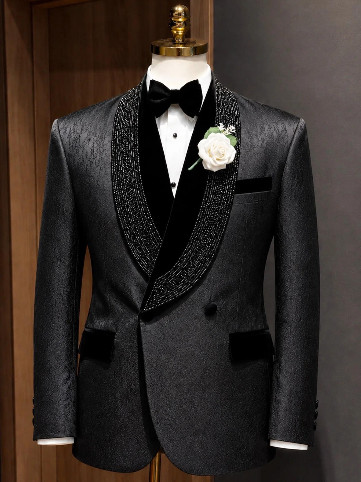 Luxury Black Jacquard Shawl Lapel Men's Tuxedo Jacket with Velvet Trim and Crystal Beaded Edge White Floral Custom Made M264706