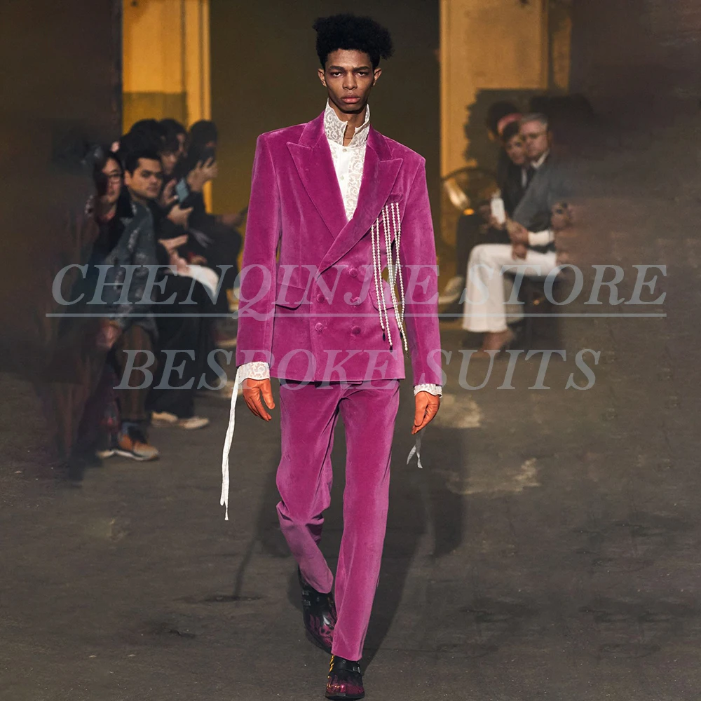 

Elegant Men's Suits Formal Double Breasted Peak Lapel Skinny 2 Piece Jacket Pants Sets Fahison Wedding Blazer Costume Homme