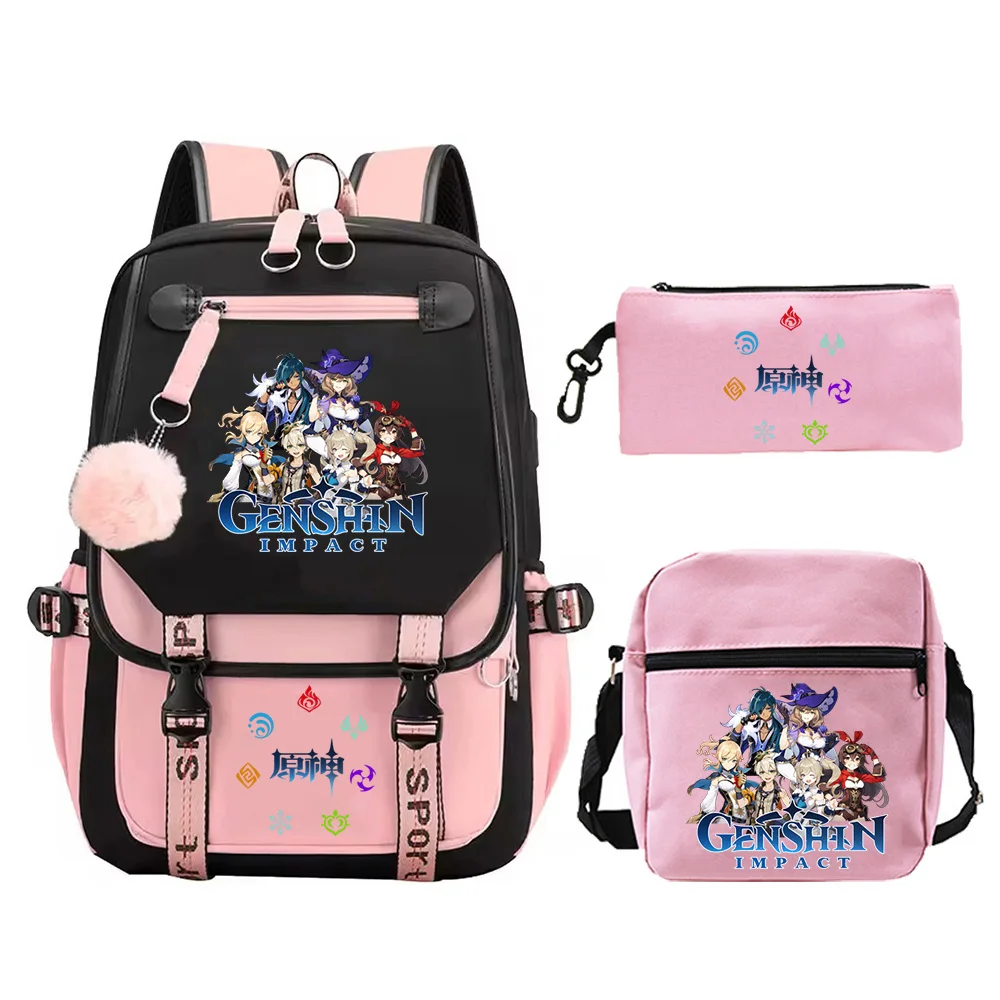 3-個アニメ原神インパクトバックパックショルダーバッグ鉛筆ケースセット子供ランドセル高品質女性屋外旅行バックパック