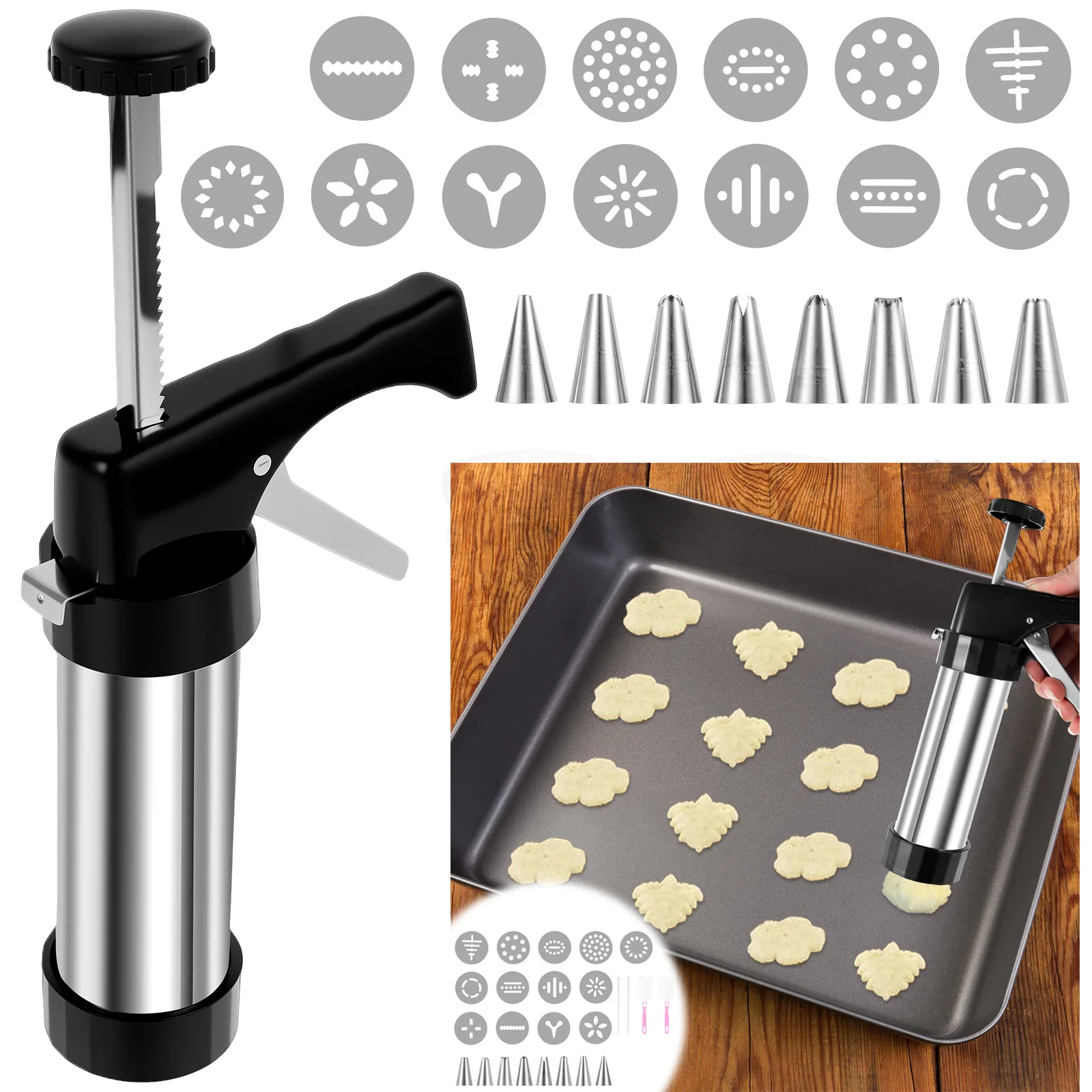 

Cookies Press Kit Stainless Steel Churro Maker Machine with Piping Nozzles and Cookie Discs for DIY Christmas Cookies Maker