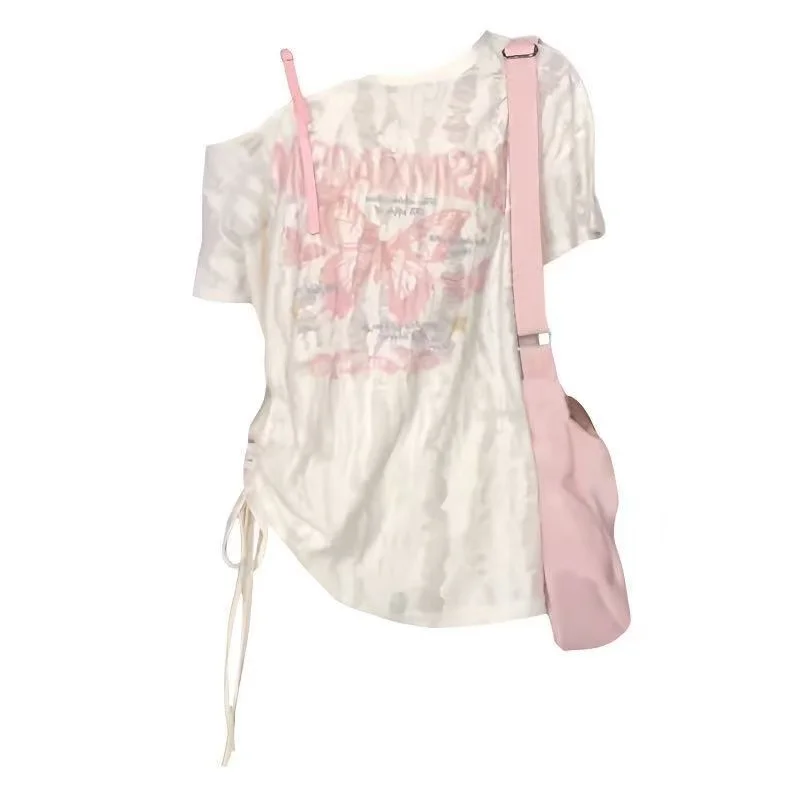 ダーククロスプリント斜めショルダー Tシャツ女性ヒップホップアメリカンレトロスパイスガールトップス夏韓国だぶだぶ半袖