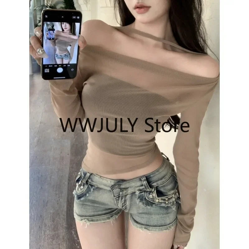 2024 Women Red Y2k Crop Tops Vintage Korean Retro High Street Off Shoulder Knit T-Shirt Streetwear Tee Shirt Fashion Clothing