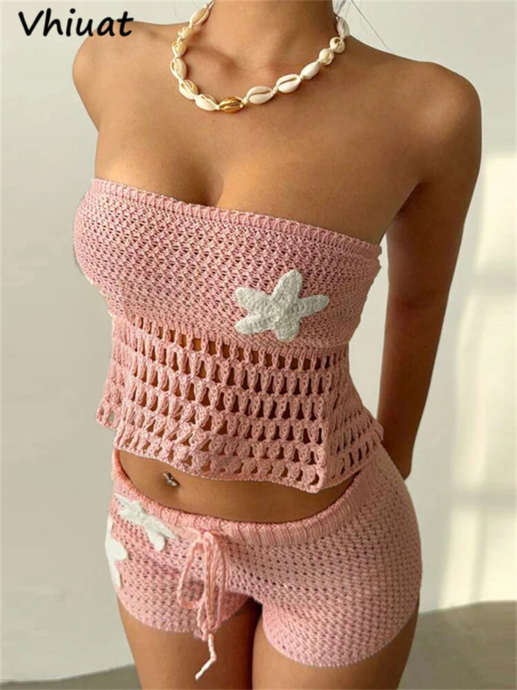 

Vhiuat 2025 Summer Sexy Women Knitted New In Matching Sets Hollow Out Tops And Shorts Set Female 2 Piece Set Beach Party Outfits