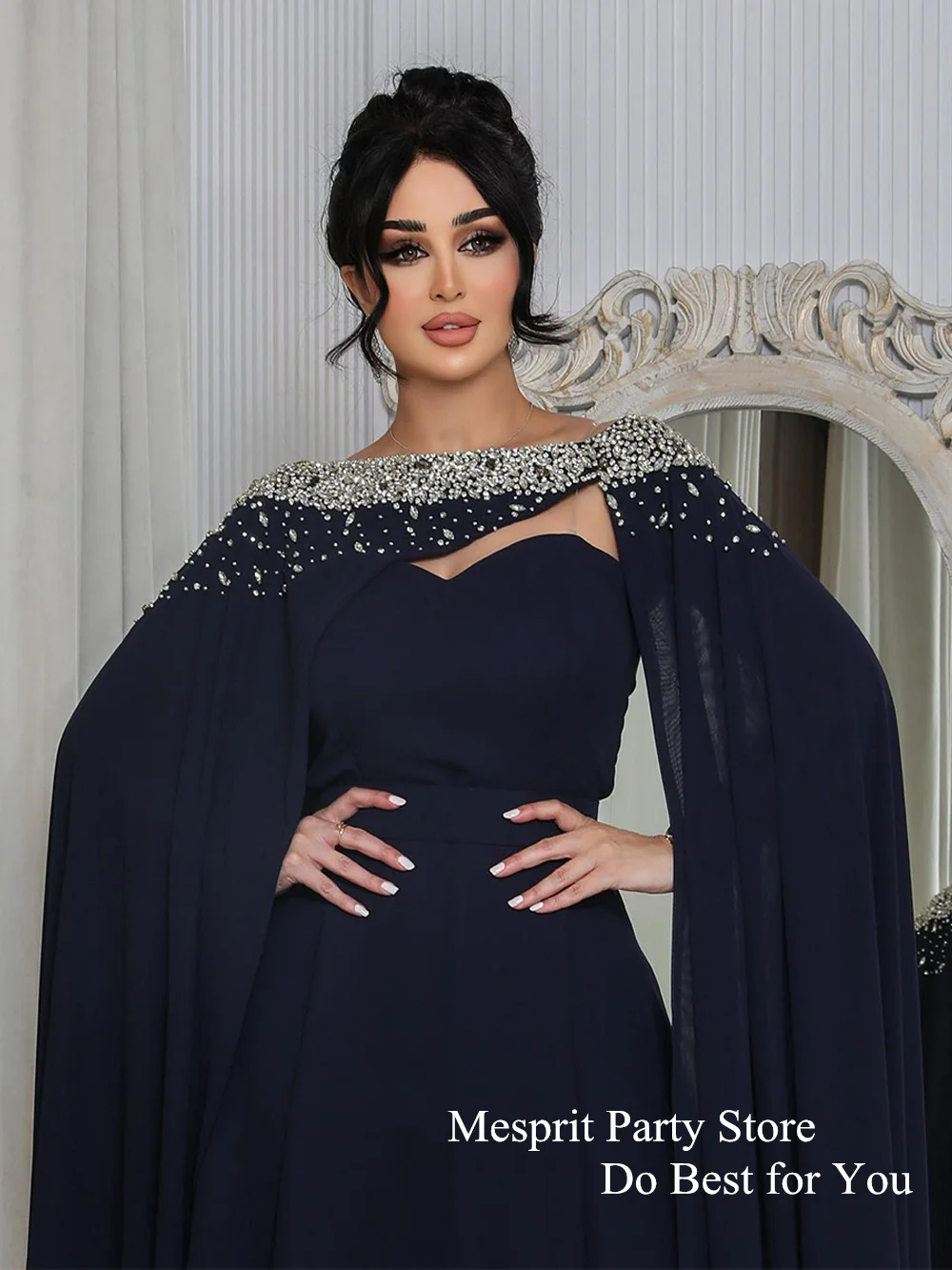 Navy Evening Dress with Detachable Cape Sweetheart Beading Sequined Arab Prom Dresses Chiffon A Line Formal Occasion Gown